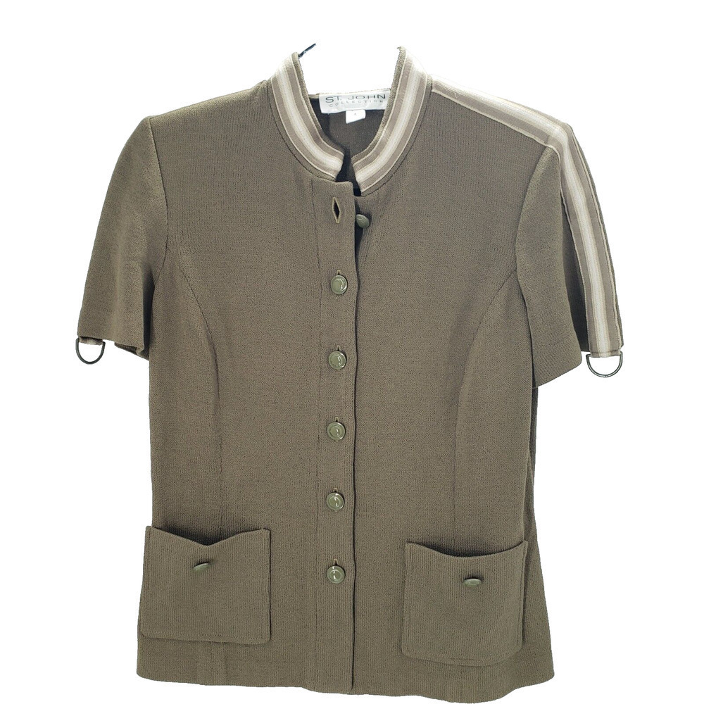 St. John Womens Santana Knit Sweater 4 Short Sleeve Button Up Collection Buckle